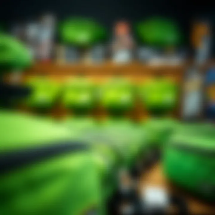 Diverse Styles of Green Fanny Packs in Skate Culture An array of green fanny packs displayed in a skate shop, highlighting different styles