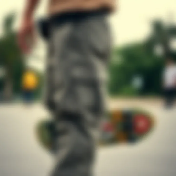 Cargo Pants with Skateboard Accessories Close-up of cargo loose pants with skateboard gear
