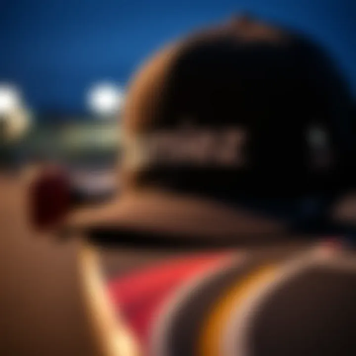 Close-up of a Zumiez trucker hat on a skateboard deck