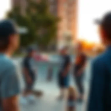 Group of skateboarders wearing Zumiez trucker hats in an urban skate park